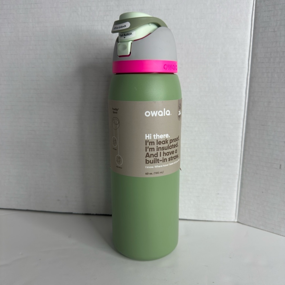 Owala FreeSip insulated Stainless Steel 40oz water bottle in Neo Sage/pink - Picture 1 of 11